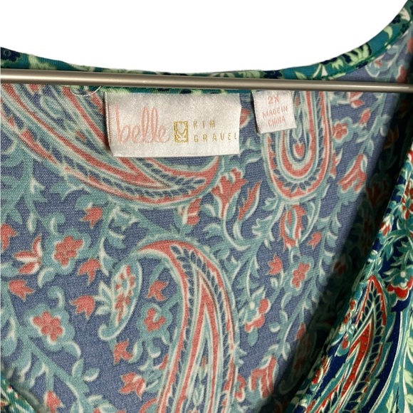 Belle by Kim Gravel Floral Boho Print Knit Top Paisley Tapestry Popover Green 2X - Picture 5 of 6